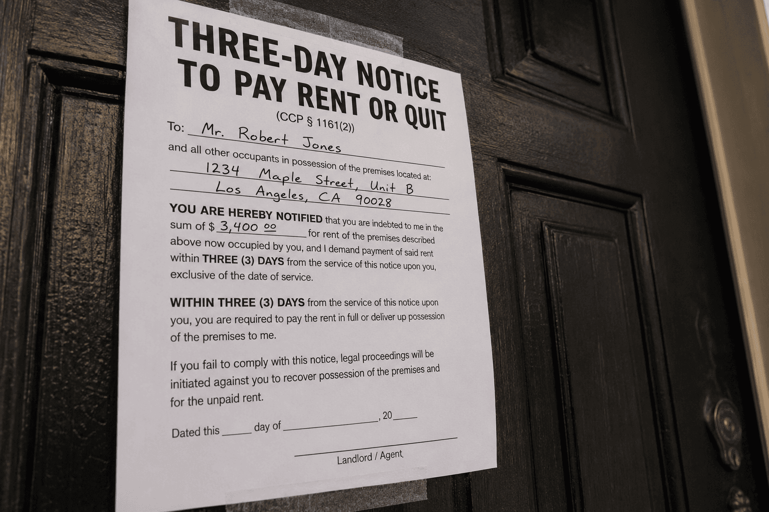 Three-day notice posted on a door