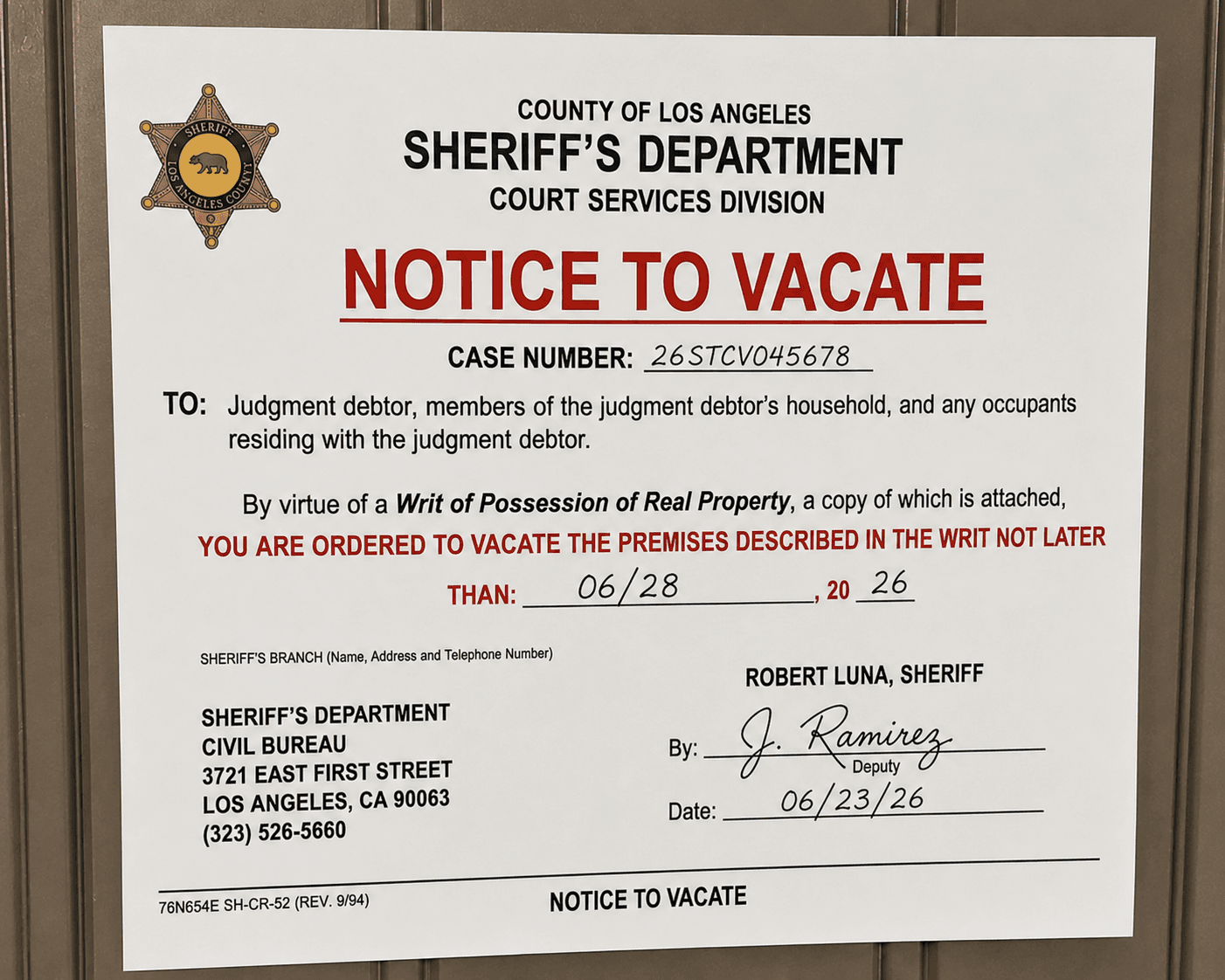 Notice to vacate posted on a door